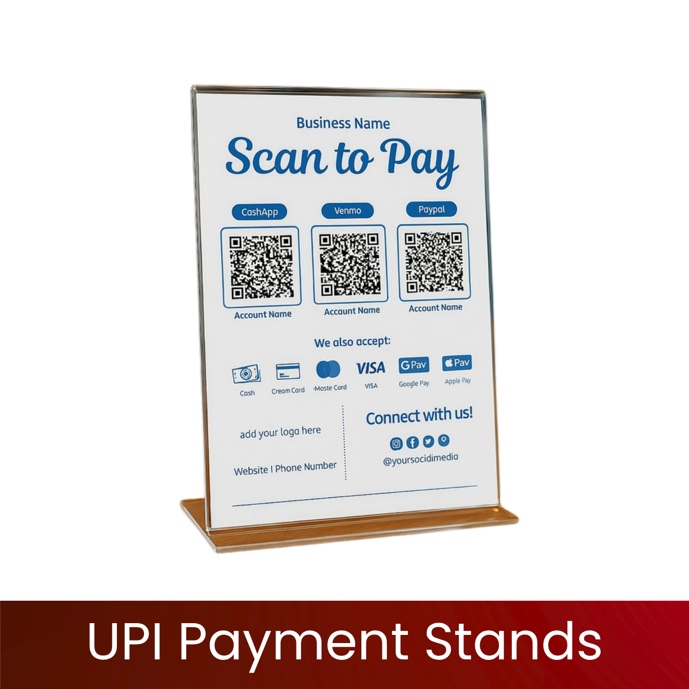 UPI Payment Stands | Custom Acrylic QR Scan Stand | Paytm, PhonePe & GPay Ready | 6×4 inch Counter Display | Durable Premium Finish | UPI QR Stands for Shops, Stores & Restaurants | Excel Print