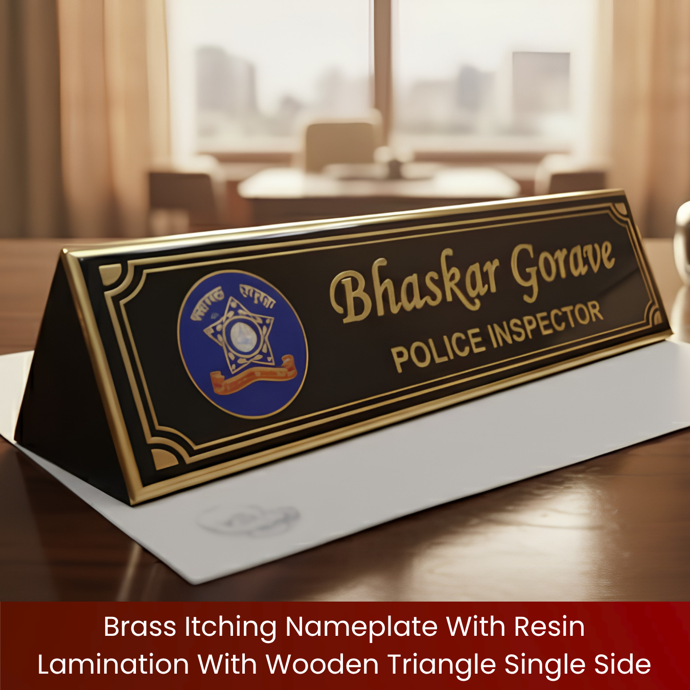 Brass Itching Nameplate With Resin Lamination With Wooden Triangle Single Side