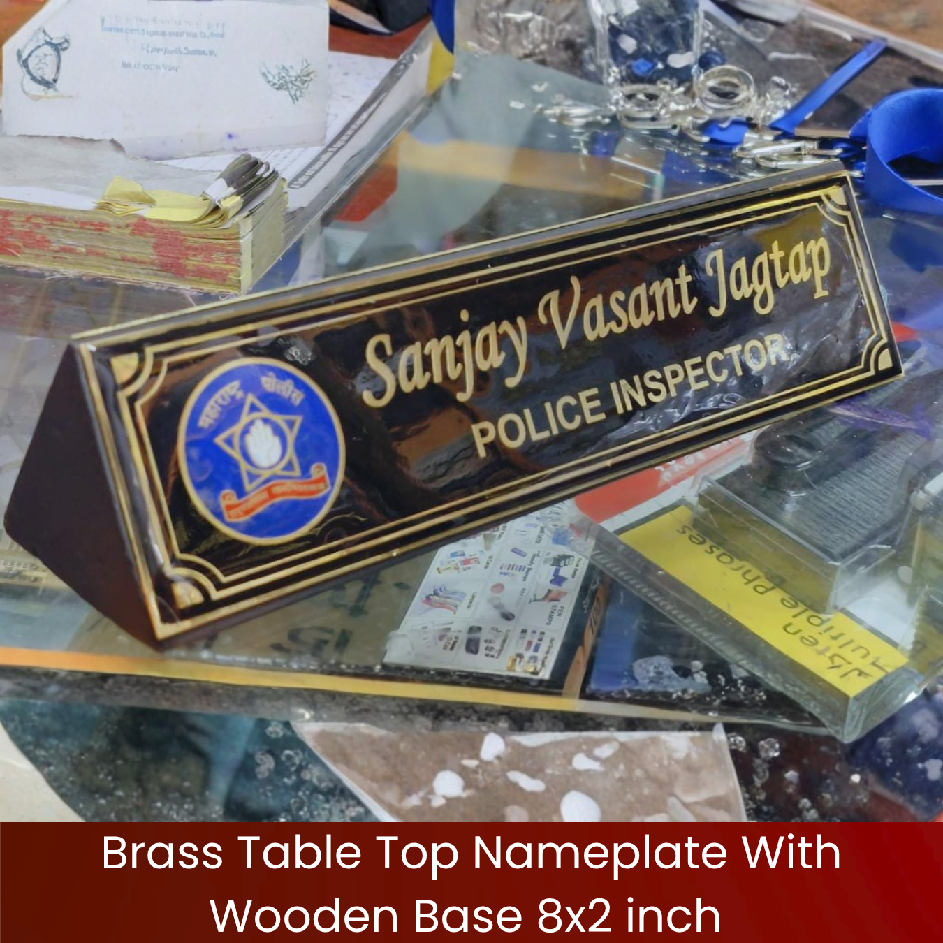 Brass Table Top Nameplate With Wooden Base 8×2 inch