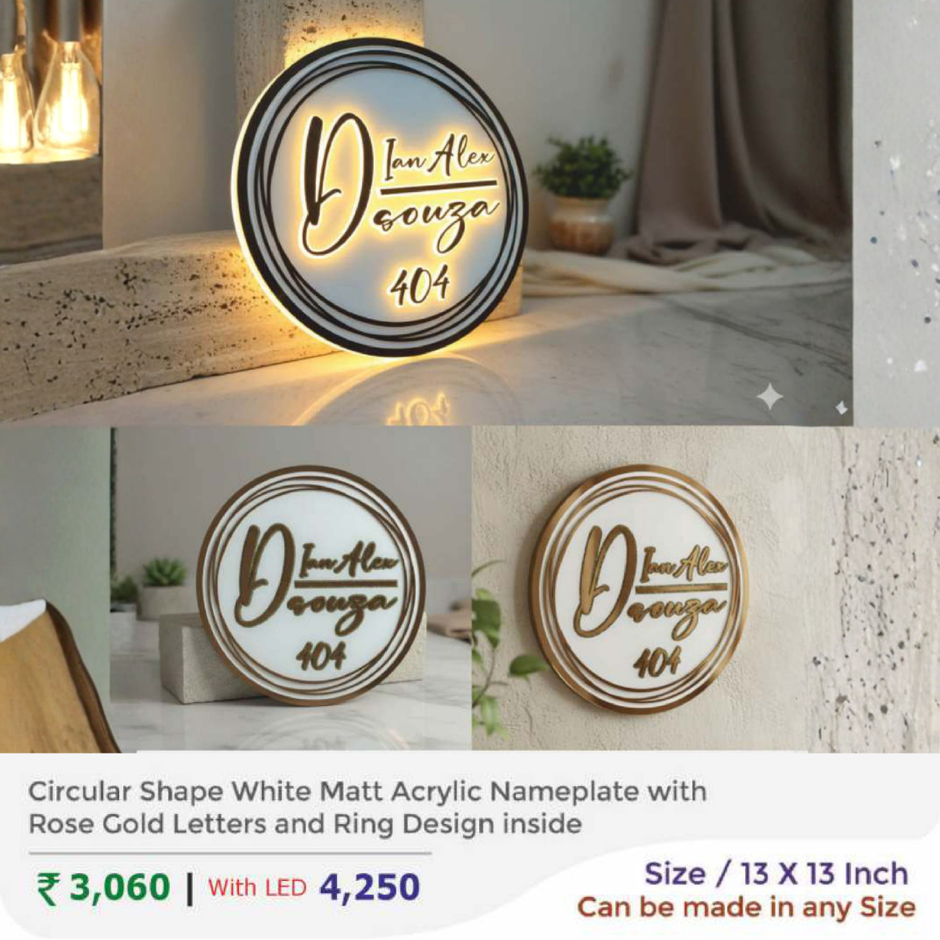 Circular Shape White Matt Acrylic Nameplate with Rose Gold Letters and Ring Design inside