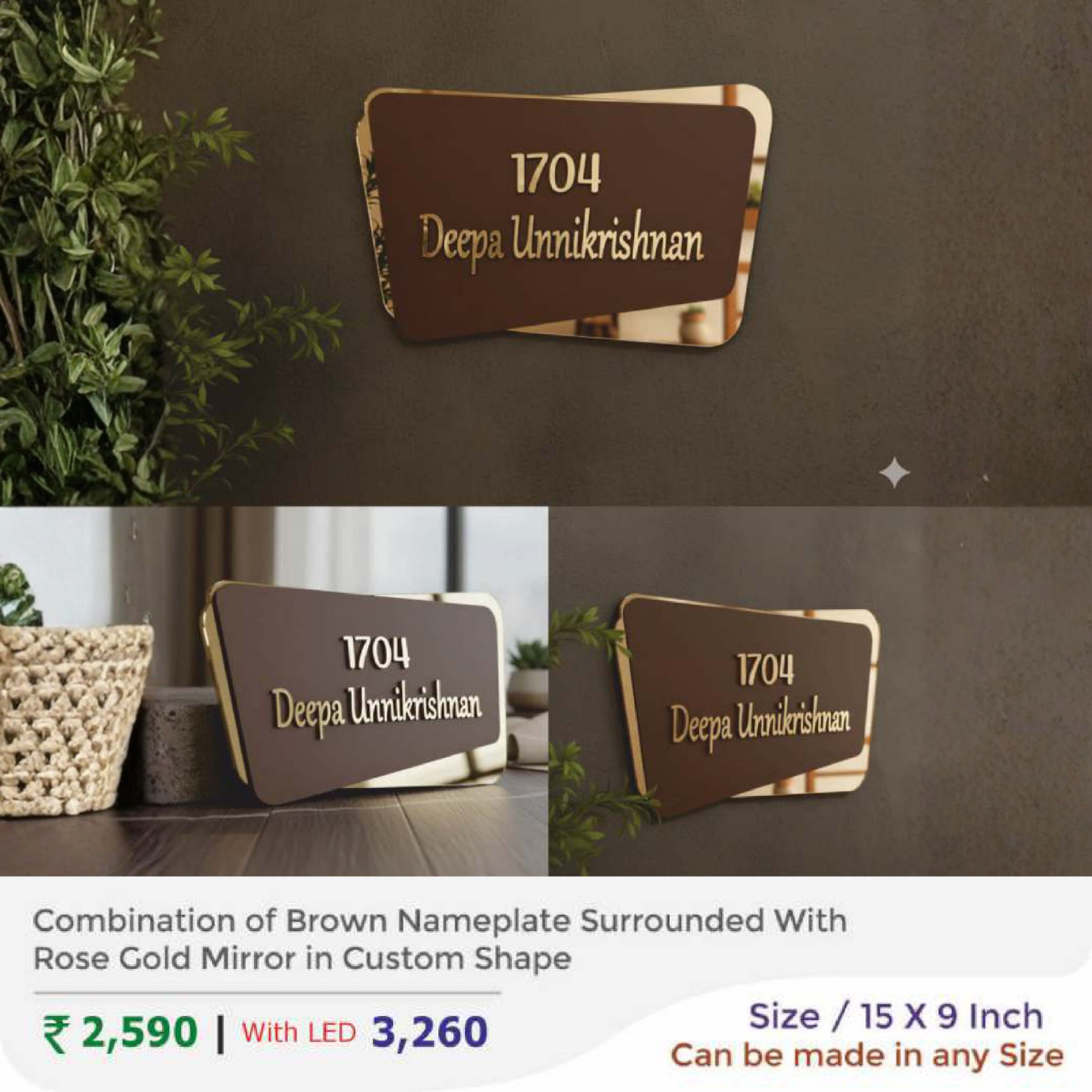 Combination of Brown Nameplate Surrounded With Rose Gold Mirror in Custom Shape