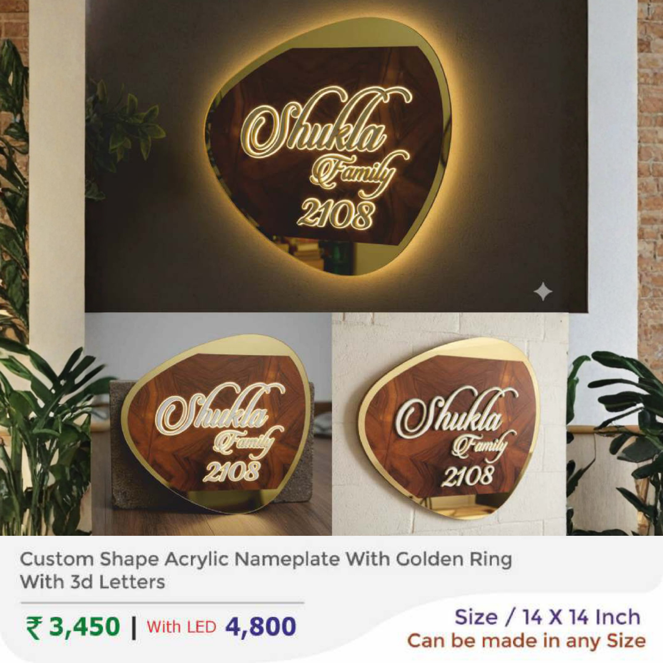 Custom Shape Acrylic Nameplate With Golden Ring With 3d Letters