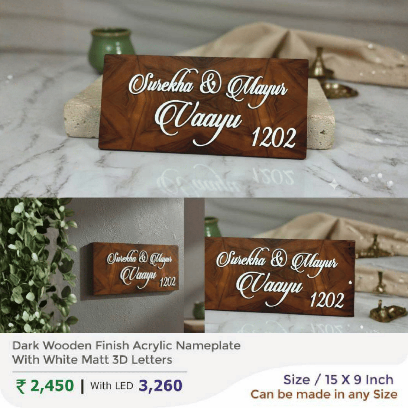 Dark Wooden Finish Acrylic Nameplate With White Matt 3D Letters