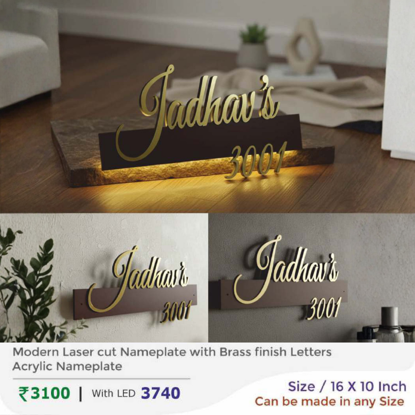 Modern Laser cut Nameplate with Brass finish Letters Acrylic Nameplate