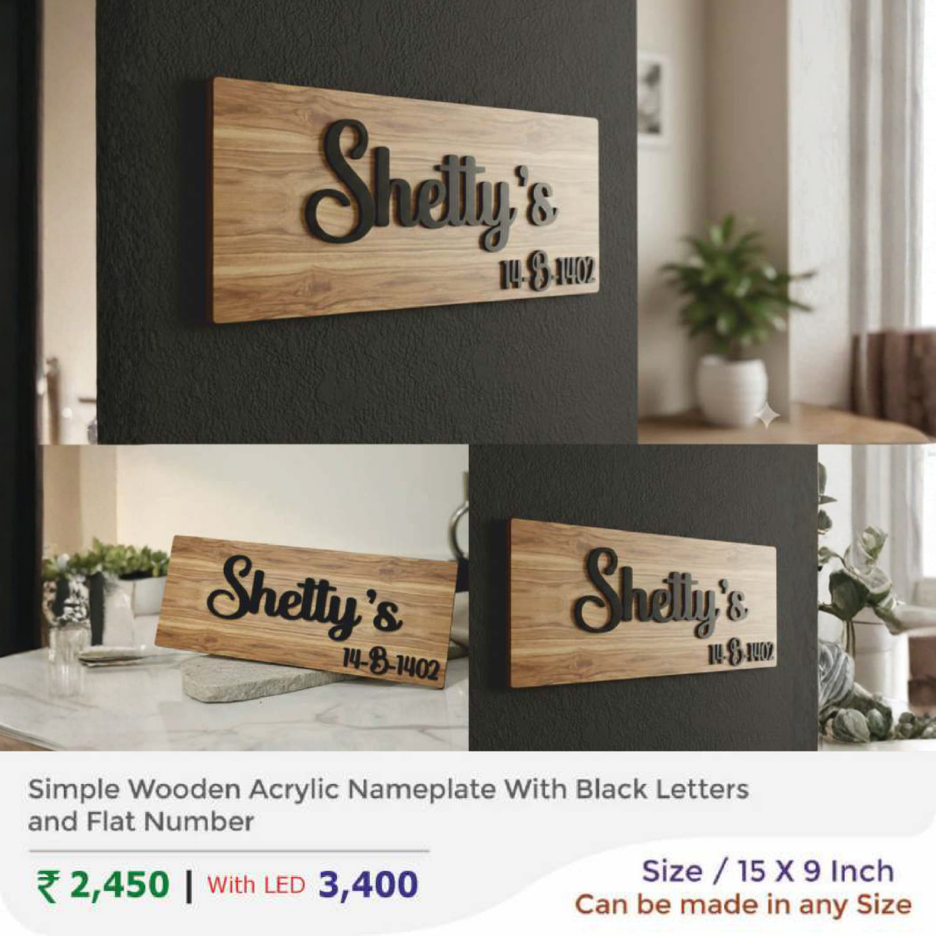 Simple Wooden Acrylic Nameplate With Black Letters and Flat Number