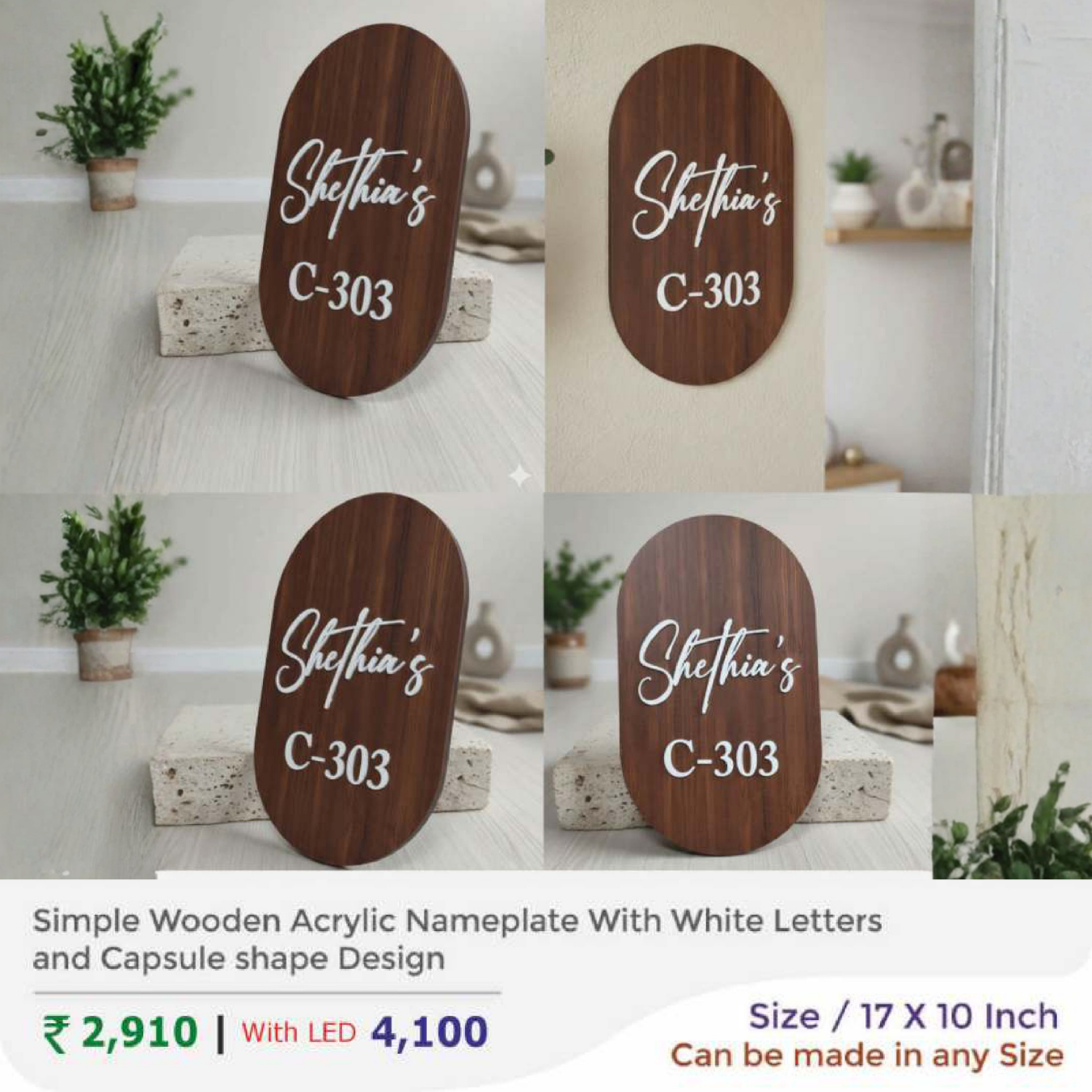 Simple Wooden Acrylic Nameplate With White Letters and Capsule shape Design