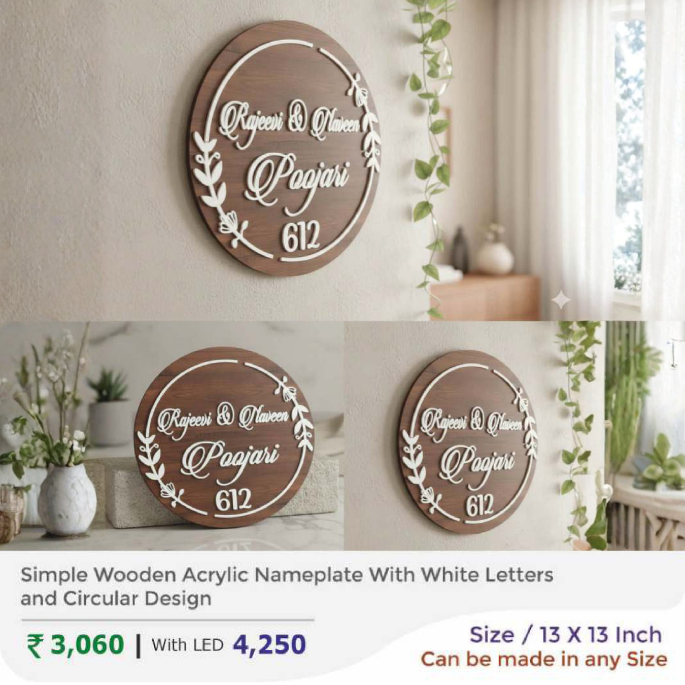 Simple Wooden Acrylic Nameplate With White Letters and Circular Design
