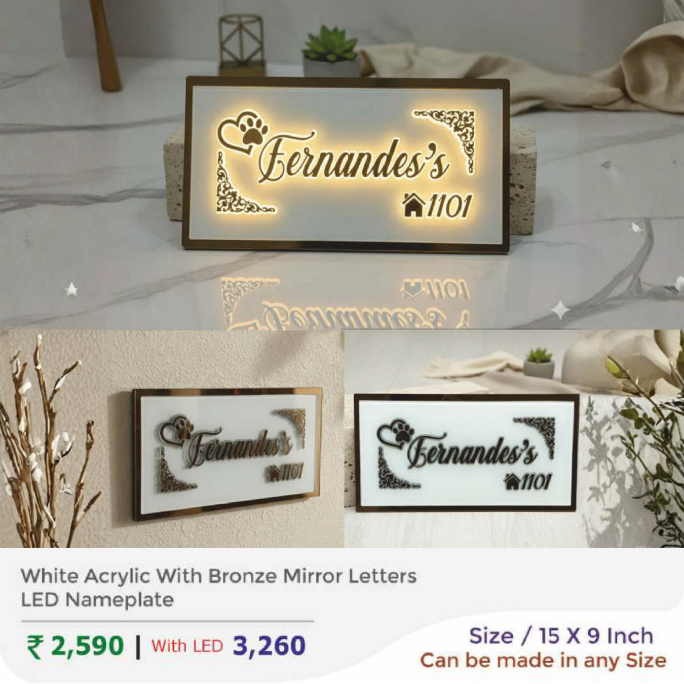 White Acrylic With Bronze Mirror Letters LED Nameplate