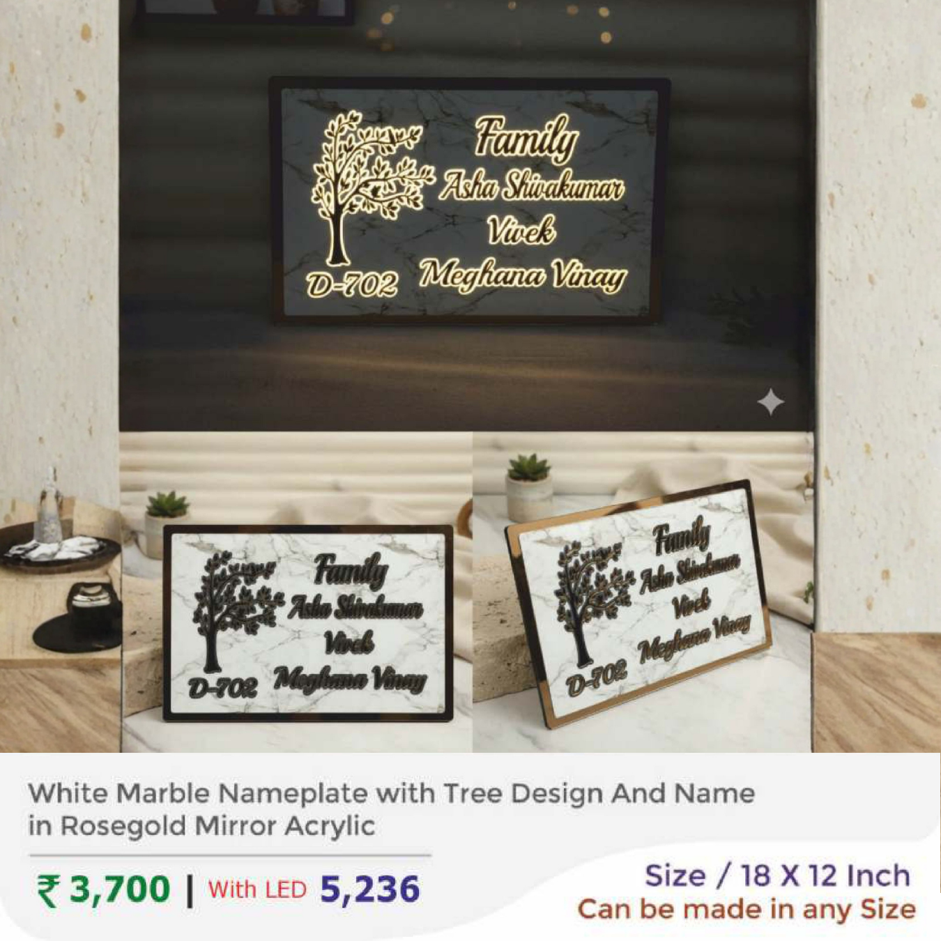 White Marble Nameplate with Tree Design And Name in Rosegold Mirror Acrylic