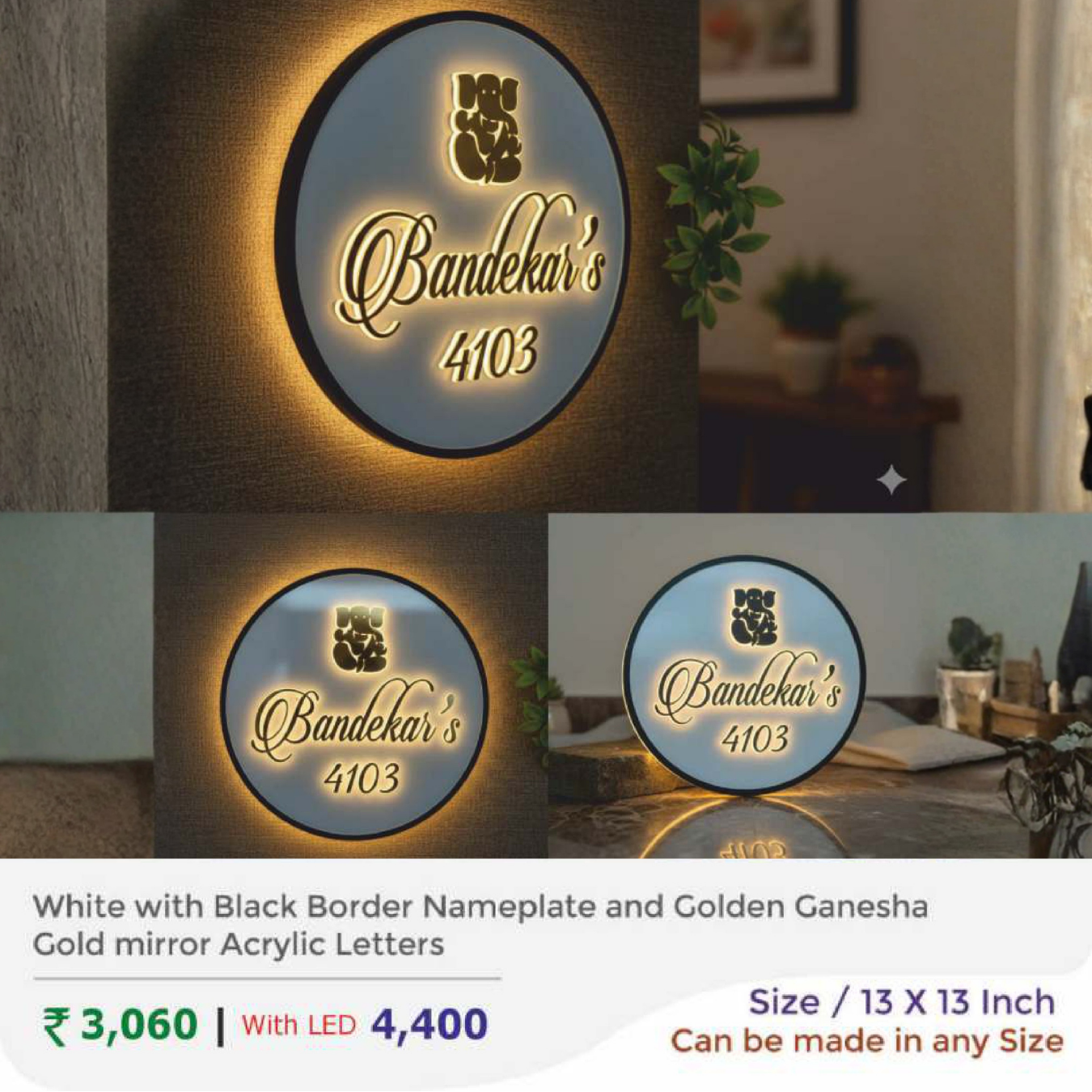 White with Black Border Nameplate and Golden Ganesha Gold mirror Acrylic Letters