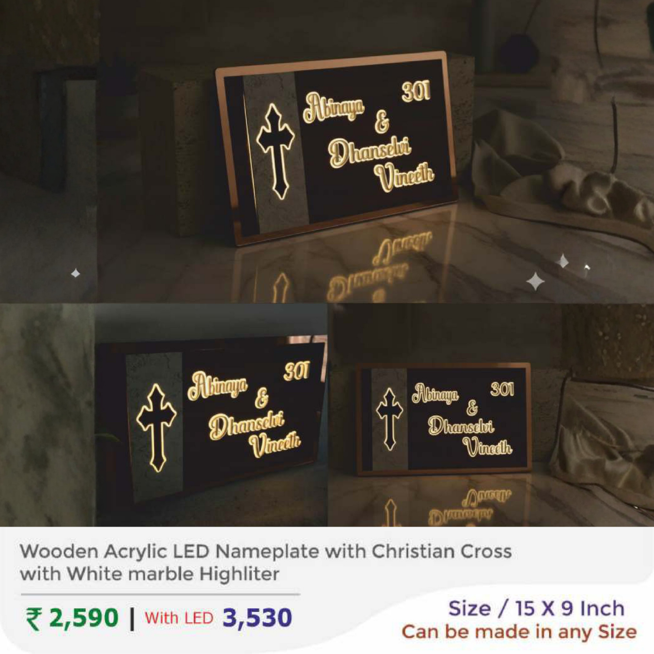 Wooden Acrylic LED Nameplate with Christian Cross with White marble Highliter
